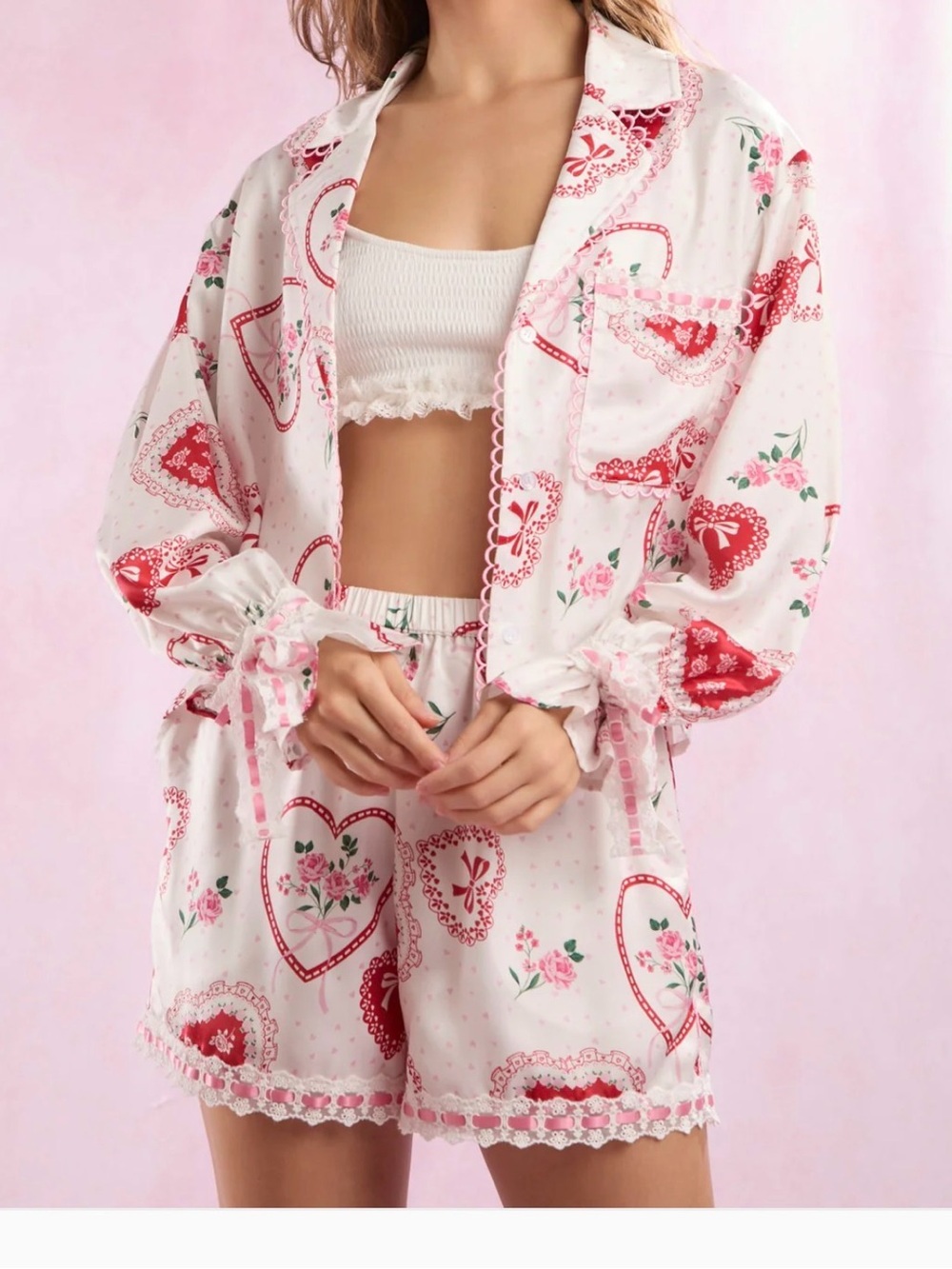 Peach Love California White Satin Pajama Set with Red & Pink Heart Motif